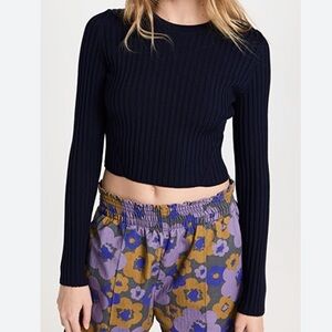 Jason Wu Ribbed Knit Wool Cropped Crew Neck Sweater Top Slim Fit Navy Size Large